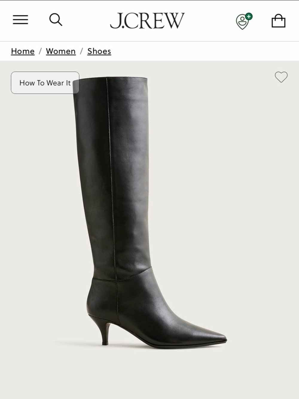 **Extended Calf**
J. Crew Black Leather, Pointed-Toe, Stevie Knee-High Boots